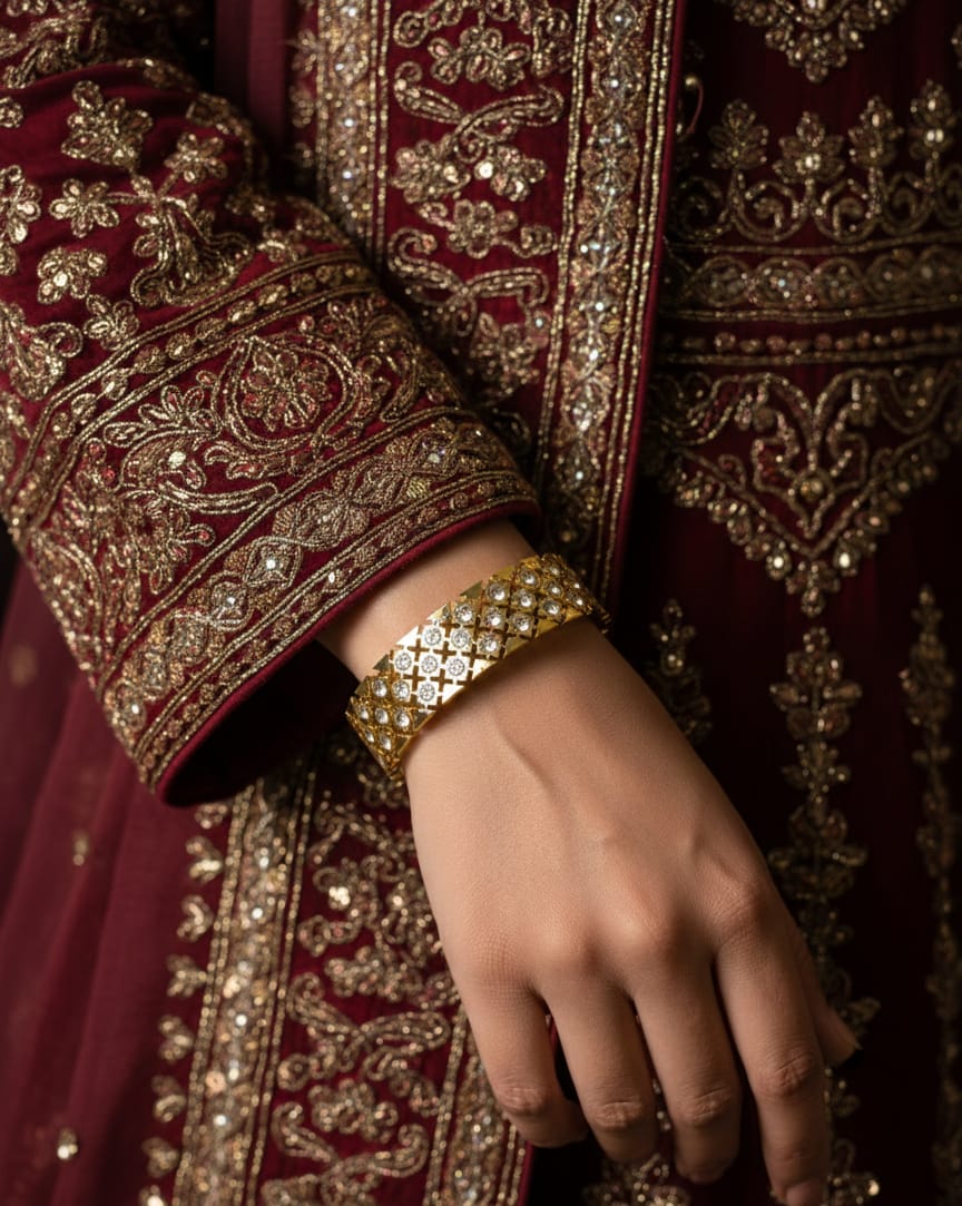 Elegant Crystal Studded Gold Stainless Steel Bangle