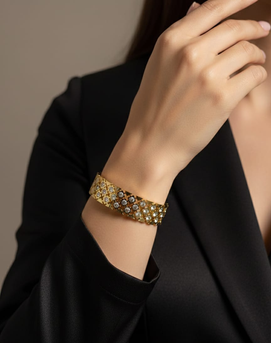 Elegant Crystal Studded Gold Stainless Steel Bangle