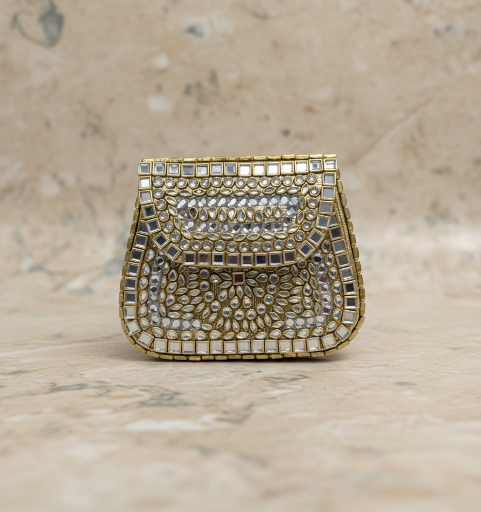 Golden  Rectangular Kundan Clutch