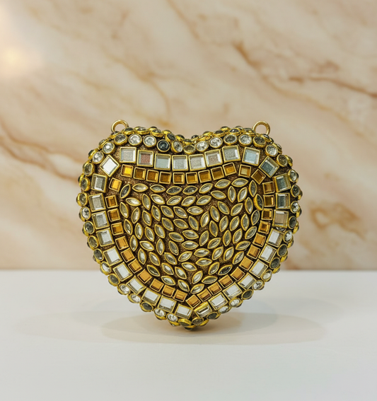 Golden Kundan Heart-Shape Clutch
