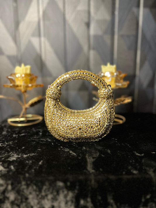 Golden Kundan Embellished Potli-Style Handheld Clutch