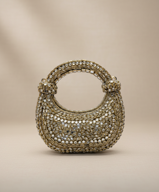 Golden Kundan Embellished Potli-Style Handheld Clutch